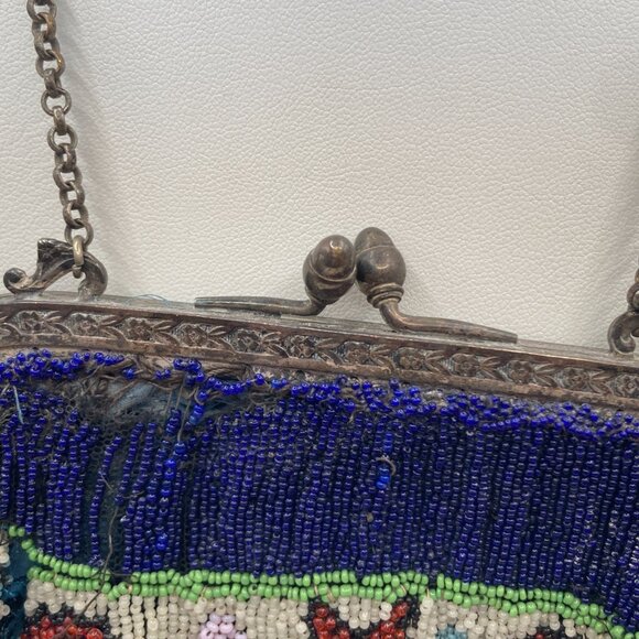 Antique Hand Beaded Bag/Purse wit Silver Frame Boho Grannycore Art Deco Reticule - Picture 4 of 8